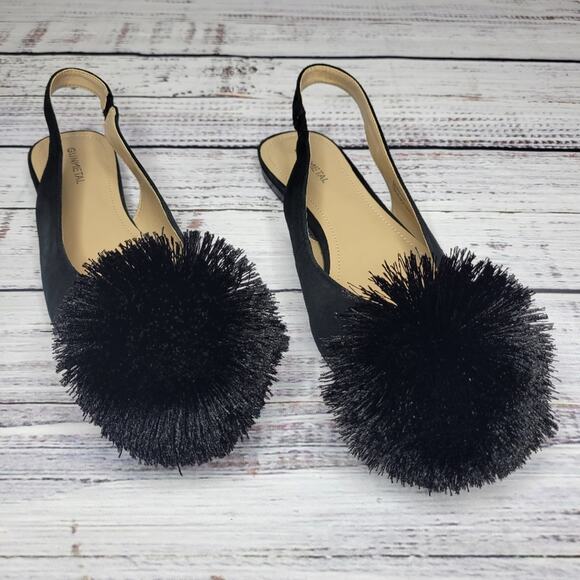 Gunmetal Samantha Pointed Toe Slingback Flats with Pom Pom Black Suede | 8.5 - Picture 3 of 10